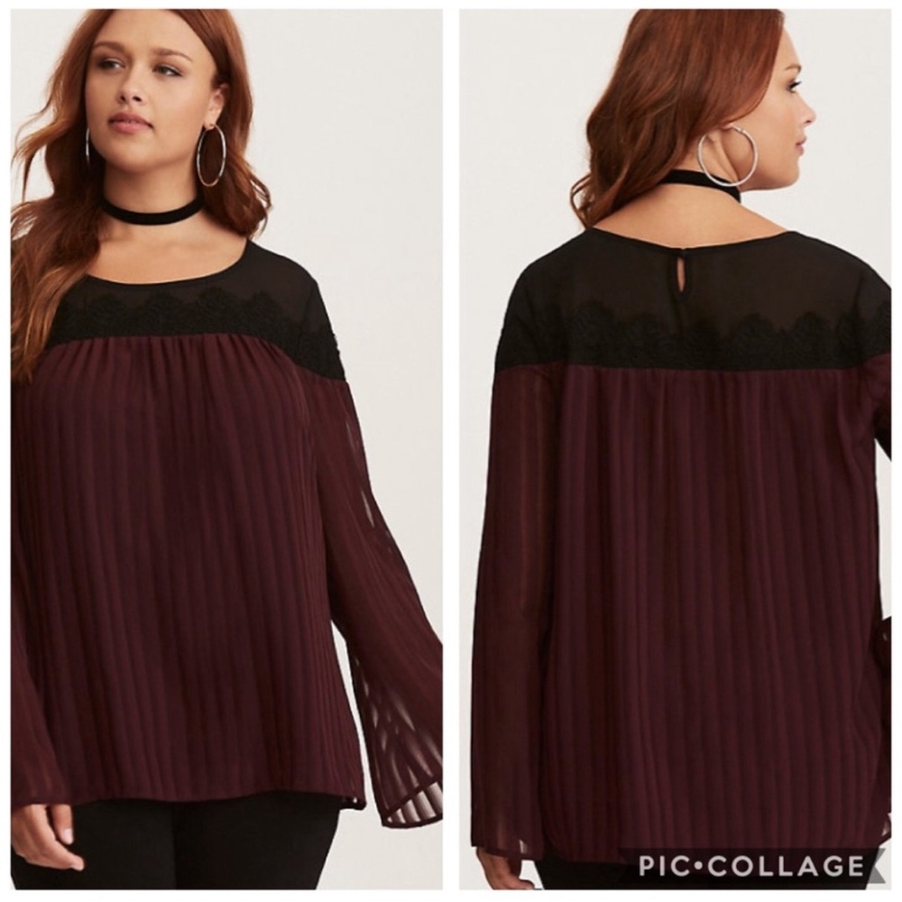 Torrid Womens Shirt Blouse Burgundy Pleated Lace Bell Sleeve Plus Size 1X